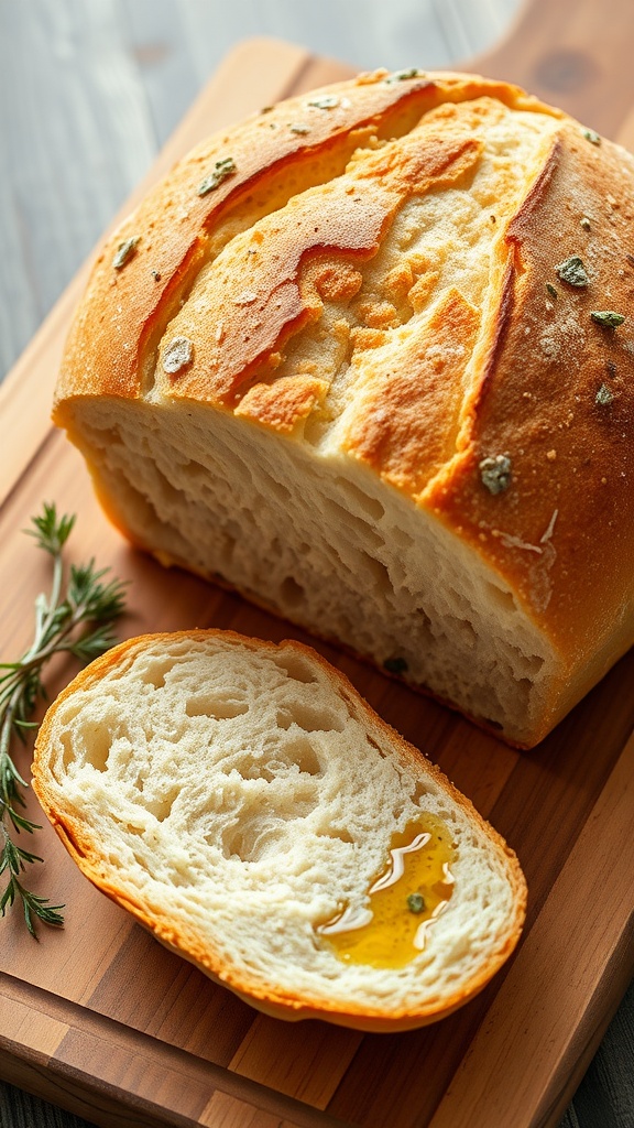 A rustic loaf of artisan bread with a crisp crust and soft interior, served with olive oil on a wooden board.